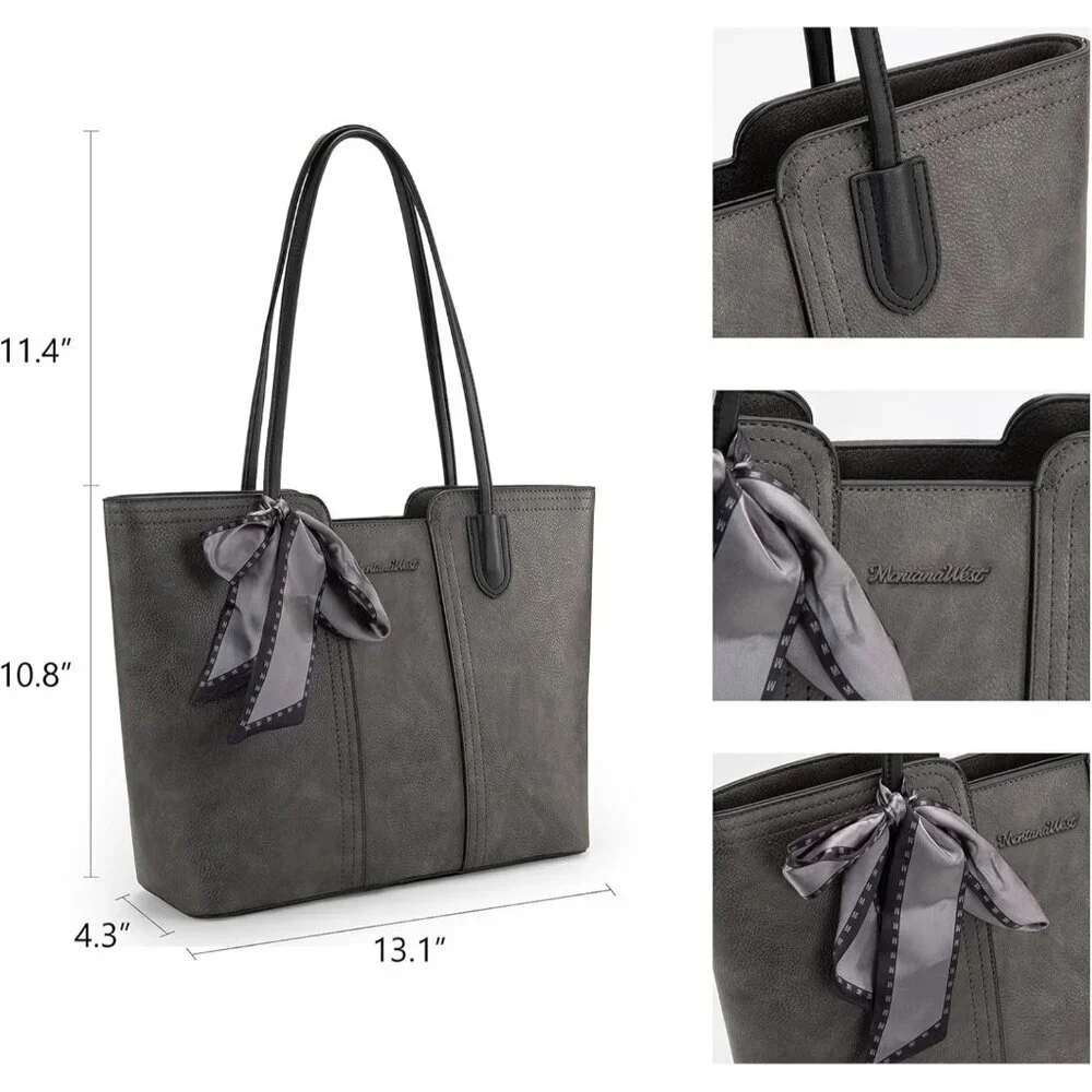 Women Dusty Grey Imported Vegan Leather Medium Top Handle Satchel Tote Bags - Picture 4 of 6